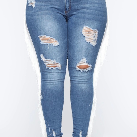 High rise medium wash jeans with fringe - Picture 5 of 7